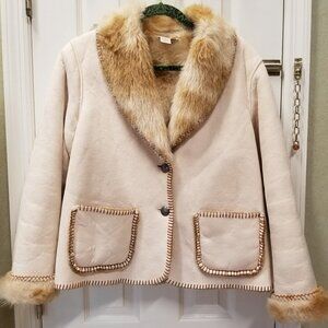 Coldwater Creek Designer Suede Jacket Beige with Faux Fur Size: M